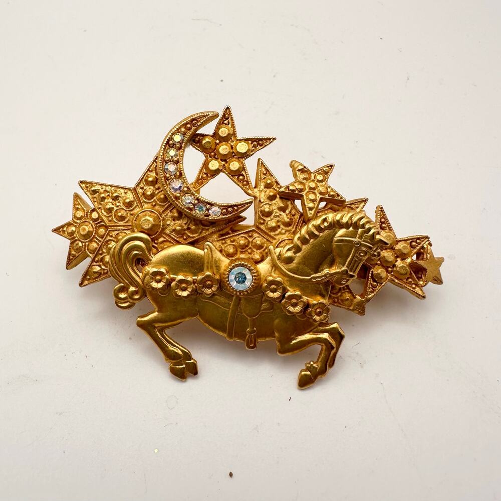 Kirks Folly Gold Tone Matte Barrette Horse Crescent Stars Celestial Hair Clip
